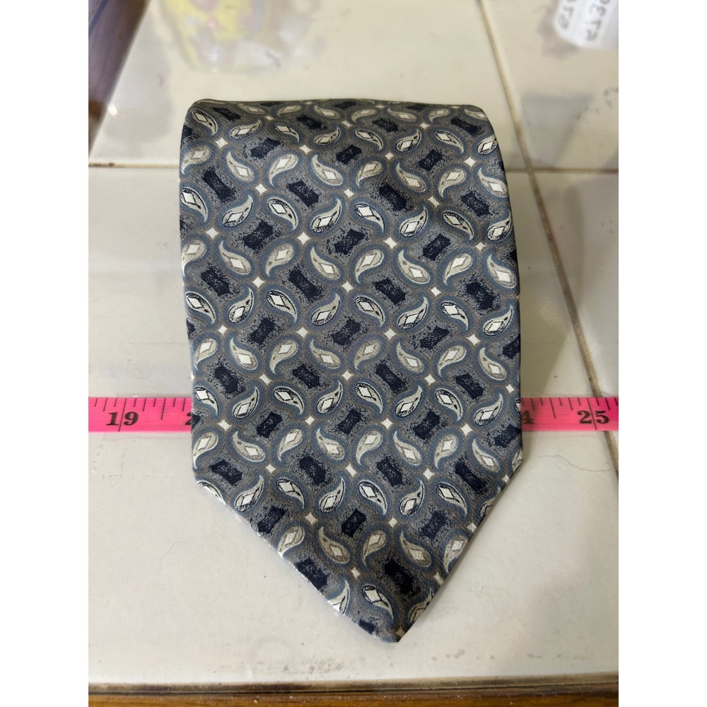 Henry Grethel Mens Silk Tie Grey Navy Blue Paisley Geometric Italian Silk 4 Inch